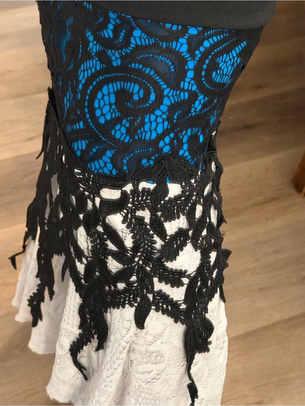 Black Lace Overlay White skirt with Blue Underlay